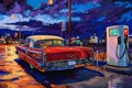 A Painting of a Classic Car at a Gas Station, Retro-inspired painting of classic cars reincarnated as electric vehicles at Royalty Free Stock Photo