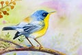 Painting colorful of alone bird on a branch amidst beautiful Royalty Free Stock Photo