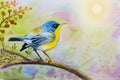 Painting colorful of alone bird on a branch amidst beautiful Royalty Free Stock Photo