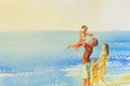 Painting colorful of beach and family in emotion cloud backgrou