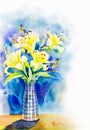 Painting colorful of beauty bouquet lilly flowers and bird coup