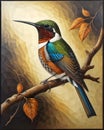 A painting of a colorful bird sitting on a branch. Beautiful picture of Bird. Royalty Free Stock Photo