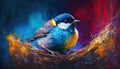 a painting of a colorful bird sitting on a nest of twigs. Royalty Free Stock Photo