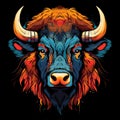 Painting colorful of a bison head on black background. Mammals. Wild Animals.