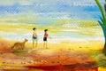 Painting colorful of boy, girl and dog walking at the beach Royalty Free Stock Photo