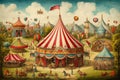 Painting of a Colorful Circus Scene With Circus Tent, Acrobats, and Animals, A vintage circus populated with colorful tents and