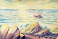 Painting colorful of fisherman fishing boat in sun evening. Royalty Free Stock Photo