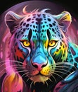 painting of a colorful leopard with a black background, panthera parduscents by theartofoam on devianta