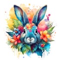 Painting of colorful rabbits and flowers. Wild Animals. Clipart for Sublimation Printing. Illustration, Generative AI Royalty Free Stock Photo