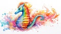 a painting of a colorful sea horse on a white background with a splash of paint on it\'s body Royalty Free Stock Photo
