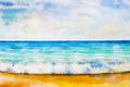 Painting colorful of sea view, beach, wave and skyline. Royalty Free Stock Photo