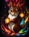 A painting of a colorful squirrel on a black background, magical elements, bright flash, cartoon style, animal design, fantasy art