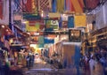 Painting of colorful street market,illustration