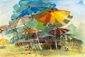 Painting colorful of umbrella in the family holiday on beach