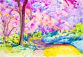 Painting colorful of wild himalayan cherry on the mountain