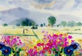 Painting colorful of wildflowers with farmer cornfield in spring
