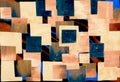 Painting, contemporary Modern Art. blue pink orange beige black gradient, gouache acrylic paint in collage mosaic technique,