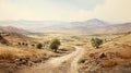Watercolor Painting Of Serene Valley Road With Delicate Landscapes