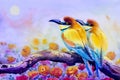 Painting of couple bird on a branch amidst beautiful roses