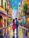 A painting of a couple in electric blue standing in the rain holding hands