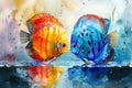 A painting of a couple of fish kissing each other, watercolor illustration, orange and blue discus fish in aquarium.