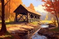 Painting of a Covered Bridge in an Autumn Forest, Generative AI Royalty Free Stock Photo