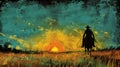 A painting of a cowboy riding through the grass at sunset, AI