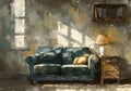 A painting of a cozy living room with a blue couch and a lamp Royalty Free Stock Photo