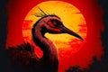 painting with crane bird with long beak against background of red sun Royalty Free Stock Photo