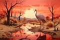 A painting of a crane standing in the desert with a red sunset, AI