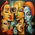 Painting creating a puzzle of abstract faces with harmonious color harmony. AI generation