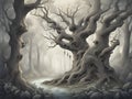 painting of a creepy looking tree in a forest