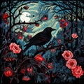 a painting of a crow sitting on a tree branch with roses in the background