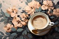 a painting of a cup of coffee on a saucer. Acrylic Painting of a Salmon color flower perfect for Wall Art.