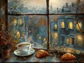 A painting of a cup of tea and croissants on a window sill