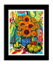 A painting of cut Sunflowers in a vase on a colourful background