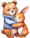 Painting of a cute bear and a cute rabbit. AI-Generated. Royalty Free Stock Photo