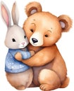 Painting of a cute bear and a cute rabbit. AI-Generated. Royalty Free Stock Photo