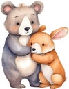 Painting of a cute bear and a cute rabbit. AI-Generated. Royalty Free Stock Photo