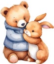 Painting of a cute bear and a cute rabbit. AI-Generated. Royalty Free Stock Photo