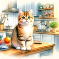 Painting of a cute cat sitting on a kitchen counter. Royalty Free Stock Photo