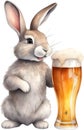 Painting of a cute rabbit and a large glass of beer. AI-Generated.