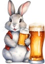 Painting of a cute rabbit and a large glass of beer. AI-Generated.