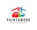 Painting and decorating, paint work and house painting, logo design. Home, painting tools, can of paint, roller brush and brush, v