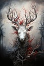 A painting of a deer with blood splattered on it's antlers, AI