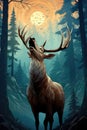 A painting of a deer in a forest with a full moon in the background. Generative AI image. Royalty Free Stock Photo
