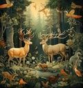 A painting of a deer and othe animal in the wood at background