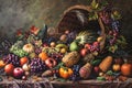 A painting depicting a basket filled to the brim with an assortment of fresh fruits and vegetables, Harvest cornucopia overflowing