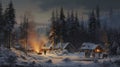 Winter Village: A Handcrafted Painting With Warm Winter Vibes Royalty Free Stock Photo