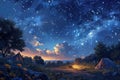 A painting depicting a campsite nestled under a star-filled night sky, showcasing the serene beauty of the outdoors, An idyllic